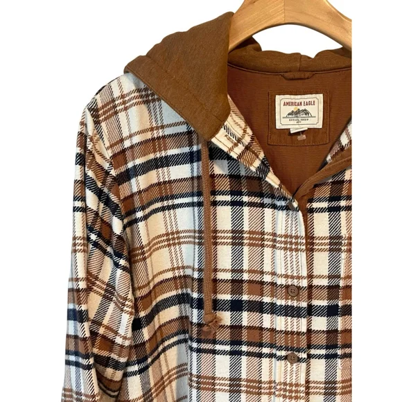 American Eagle Womens Hooded Plaid Shirt Jacket Large - Picture 2 of 8